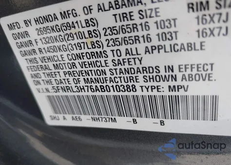 2010 Honda Odyssey Ex-L from USA, damaged, VIN 5FNRL3H76AB010388